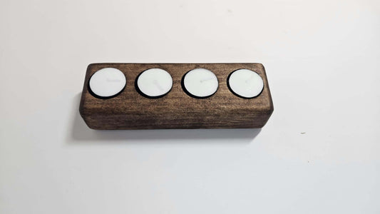 Support à lampion en bois, teinté, avec quatre emplacements pour lampions, idéal pour décoration artisanale.